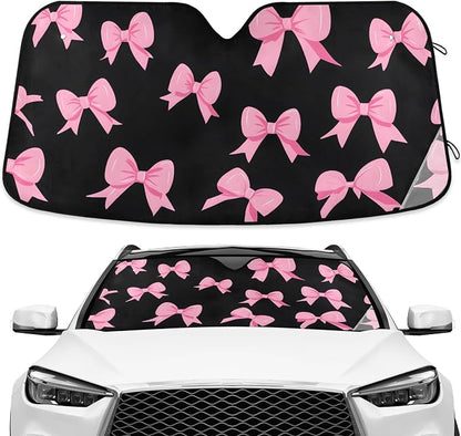 Pink Bow Black Windshield Sunshade Car Sun Shade Front Window Shade for Truck SUV Blocks UV Rays Sun Reflector Visor Protector Accordion Folding