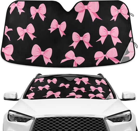 Pink Bow Black Windshield Sunshade Car Sun Shade Front Window Shade for Truck SUV Blocks UV Rays Sun Reflector Visor Protector Accordion Folding
