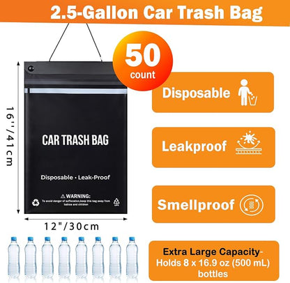 50 Count Recycled Disposable Car Trash Bags - 2.5 Gallon Heavy Duty Alternative to Bulky Car Trash Can & Car Garbage Can, Leakproof Smellproof Hanging & Stick-On Garbage Bag for Car, SUV, Truck