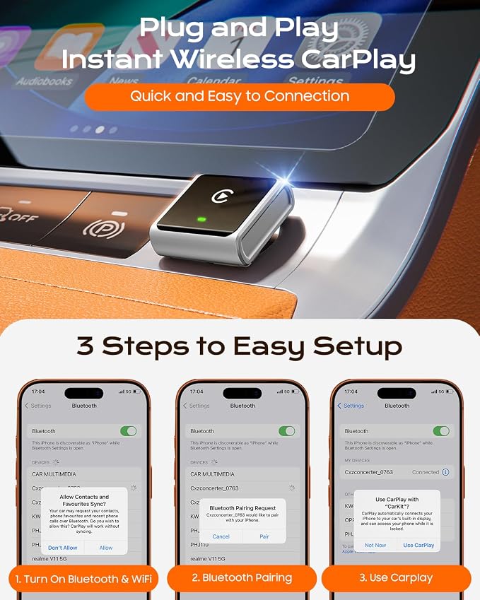 Houflody Wireless CarPlay Adapter for Apple iPhone iOS 10+, (2026 Upgrade) Mini Aluminium CarPlay Adapter Converts Wired to Wireless, Plug & Play, Auto Connect Fast and Stable, with USB-C, Silver