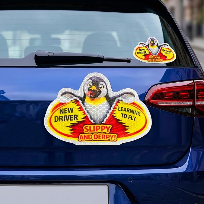 3 Pcs Reflective Student Driver Magnet and Stickers Set - Funny Animal New Driver Safety Signs for Car, Waterproof & Weatherproof High Visibility Vehicle Bumper Decals, Magnet + Stickers (Penguin)