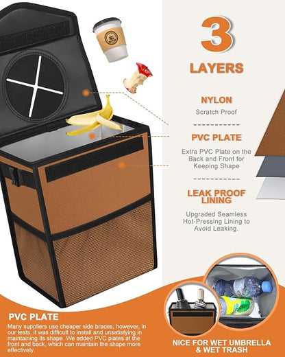 Pritent Car Trash Can with Lid, Cute Leakproof Car Trash Garbage Bag Hanging Vehicle Trash Bin Small Portable Automotive Garbage Cans Organizer for Back/Front Seat(Trapezoid,Brown)