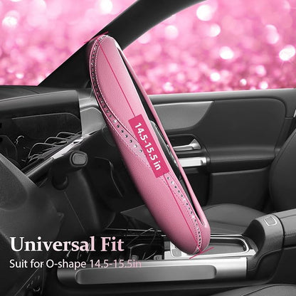 CAR PASS Bling Diamond Pink Leather Steering Wheel Cover, Studded Shining Rhinestones Universal Fit 14" 1/2-15" Glitter Sparkly Crystal Fit for Women Girl SUV,Vans,Sedans,Car,Trucks, Pink Diamond