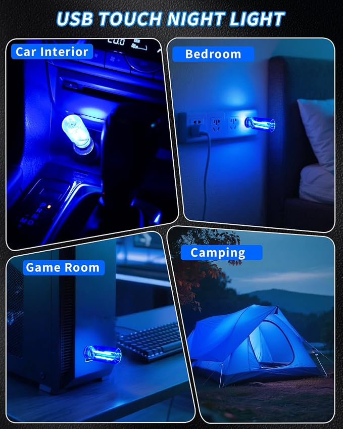 USB Light Touch Dimmable Retro USB Led Lights for Car,Mini USB Light Bulb Ambient Lighting for Car Bedroom Party Christmas Hallway Camping,Blue 2Pack
