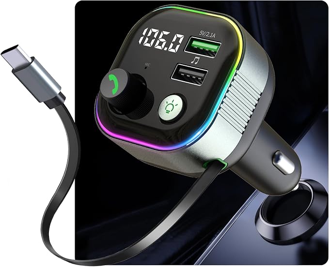 LIHAN Bluetooth 5.4 FM Transmitter for Car, 36W(12V)-65W(24V) Type C Retractable Cord Fast Charger, Wireless Audio Adapter with Hi-Fi Bass,Hands-Free Call,Music Player,Compatible with iPhone & Android