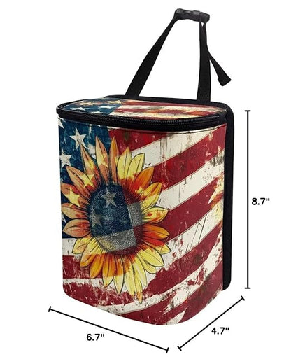 Sunflower American Flag Print Car Trash Can with Lid Car Accessories for Men Women Trash Bin Hanging Back of Seat Collapsible Leak Proof Multipurpose Vehicle Garbage Can