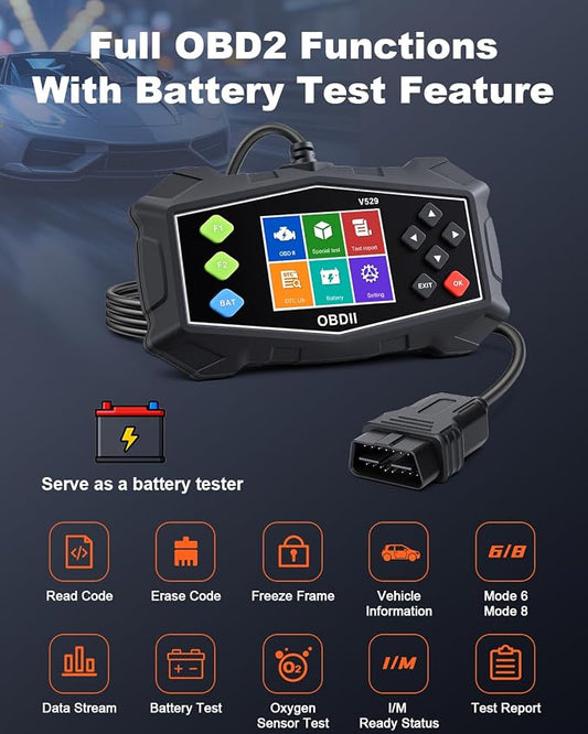 OBD2 Scanner Diagnostic Tool, EXTRACTME Car Scanner with Battery Tester, Engine Light, Data Stream, I/M Readiness, Mode 6/8, Professional Code Readers & Scan Tools for OBDII 12V Vehicles 1996+