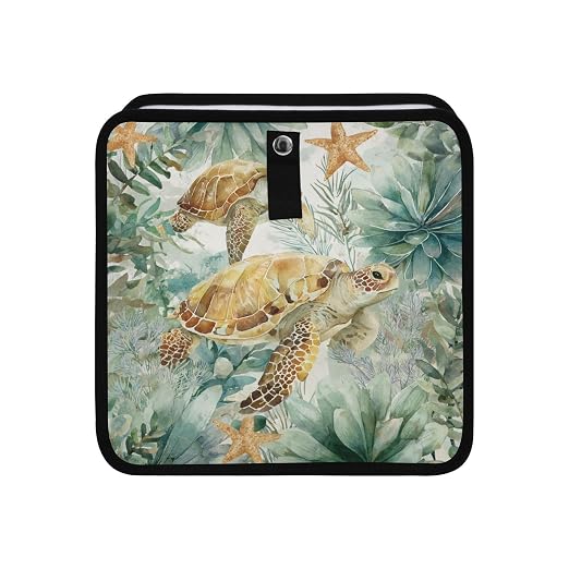Car Trash Can Organizer Bin with Adjustable Strap for Back Front Seat Console Waterproof Leakproof Collapsible Portable 8.66 Inch Sea Turtle Starfish Plants