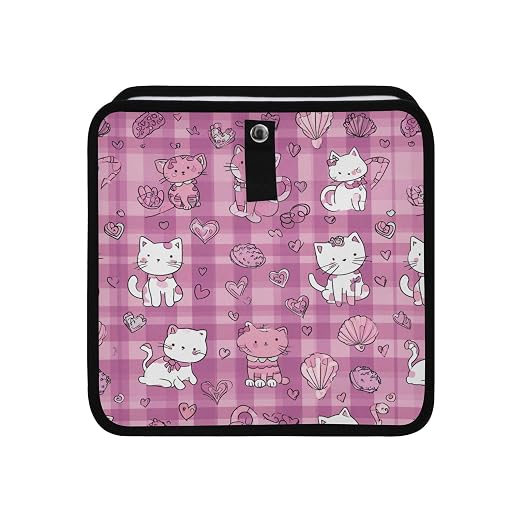 Car Trash Can Organizer Bin with Adjustable Strap for Back Front Seat Console Waterproof Leakproof Collapsible Portable 11 Inch Checkered Pink Kittens Hearts Shells