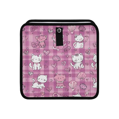 Car Trash Can Organizer Bin with Adjustable Strap for Back Front Seat Console Waterproof Leakproof Collapsible Portable 11 Inch Checkered Pink Kittens Hearts Shells