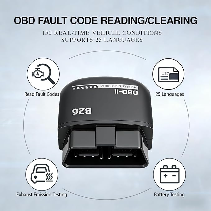 B26 Bluetooth OBD2 Scanner for iOS & Android - Subscription-Free Engine Code Reader, 2026 Upgraded Engine Diagnostic Tool, Reset Check Engine Light for Temporary & Pending Faults