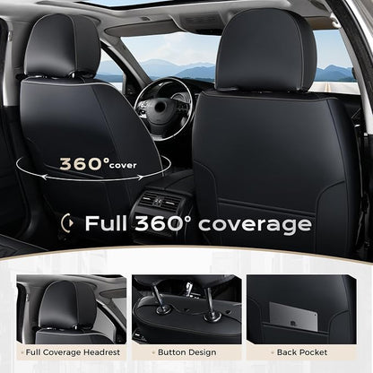 Coverado Full Set Car Seat Covers, Black Leather Seat Protectors, Luxury Front & Back Car Seat Covers,Waterproof Universal Fit, Automotive Seat Covers for Most Cars-Black