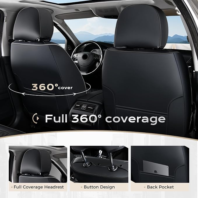 Coverado Front Seat Covers, Waterproof Nappa Leather Anti-Scratch Protectors, Universal Fit for Sedans, SUVs, Pickups, Car Accessories, Waterproof Seat Covers-Black