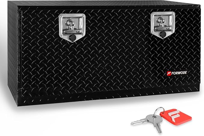 FORWODE 36x17x18 Inch Underbody Truck Tool Box Aluminum Trailer Tool Box with Lock & Foldable T-Handle Waterproof Truck Storage Box for Pickup Truck, Trailer, RV, ATV, Indoor（BLACK）