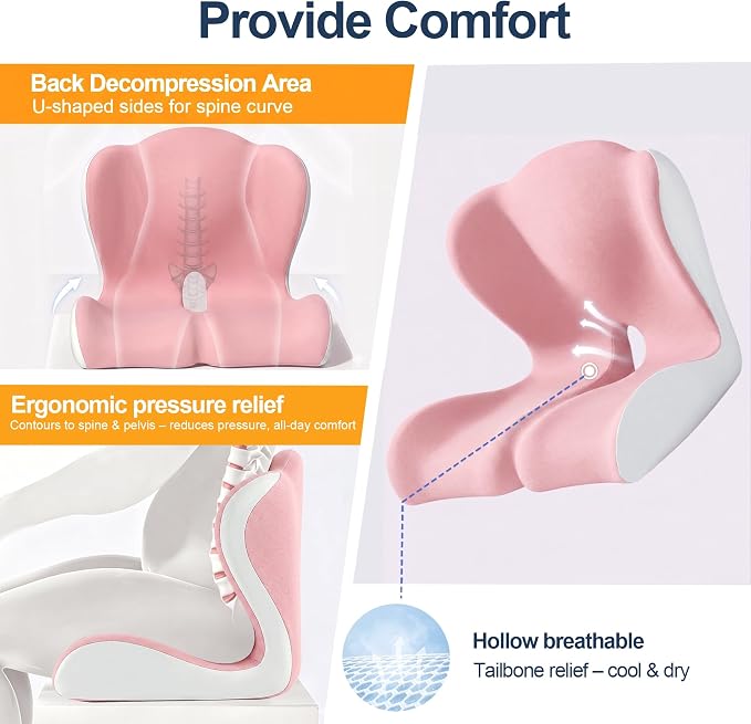 Seat Cushion for Office Chair and Car – L-Shaped Ergonomic Seat Cushions for Stability & Anti-Slip, Orthopedic Cushion for Sciatica, Back & Tailbone Pain Relief,Pink & Light Gray