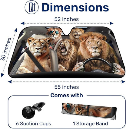 GENANY Lion Windshield Cover for Car SUV Truck (55x30 Inches), Foldable Heat Shield, Shades for Front Windows, Protector Blocks UV, Car Decor