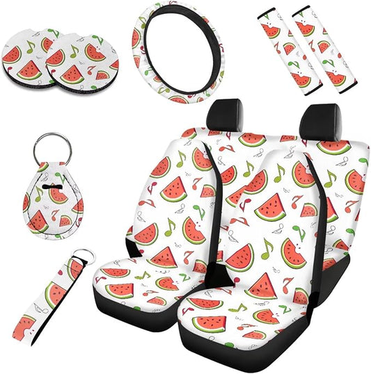 10 Pcs Watermelon Music Note Car Seat Covers, Summer Fruit Watermelon Breathable Vehicle Seat Protector, Colorful Music Notes Steering Wheel Cover Fit for Sedan Truck