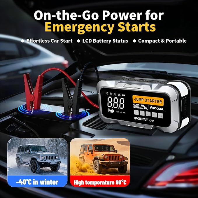 4000A Car Jump Starter with Air Compressor, Car Jumper 150PSI Portable Car Battery Jump Starter, 12V Jump Box Battery Pack (8L Gas 6L Diesel Engine) with Boost, LEDLight and Jumper Cables