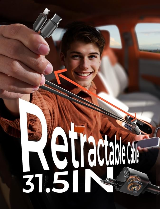 LISEN Retractable Car Charger 4 in 1 for Cars, 69W Retractable USB C Car Charger with 31.5in Cable, Fast Charging for iPhone 17 16 15 14 13 12 Pro Max Plus, Compact Cars Accessories for Daily Driving | Multiple Ports Car Charger, Retractable Car Charge...