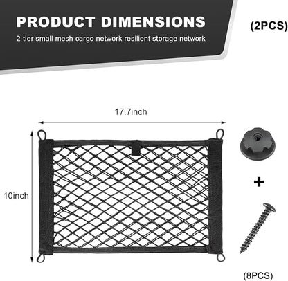 2 PCS Small Cargo Nets, 18"×10" Double Layer Car Organizer Net with Mounting Screws & Hooks, Stretchable Cargo Netting Storage Pouch for Car Truck SUV RV Boat Trunk