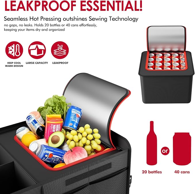 MEI&CO Car Trunk Organizer - 2.5mm PP Board Built, 35L Leakproof Cooler, 105L Capacity, 2 Tie-Down Straps, 4 Adjustable Dividers, Foldable Design for SUVs, Trucks, and Cars