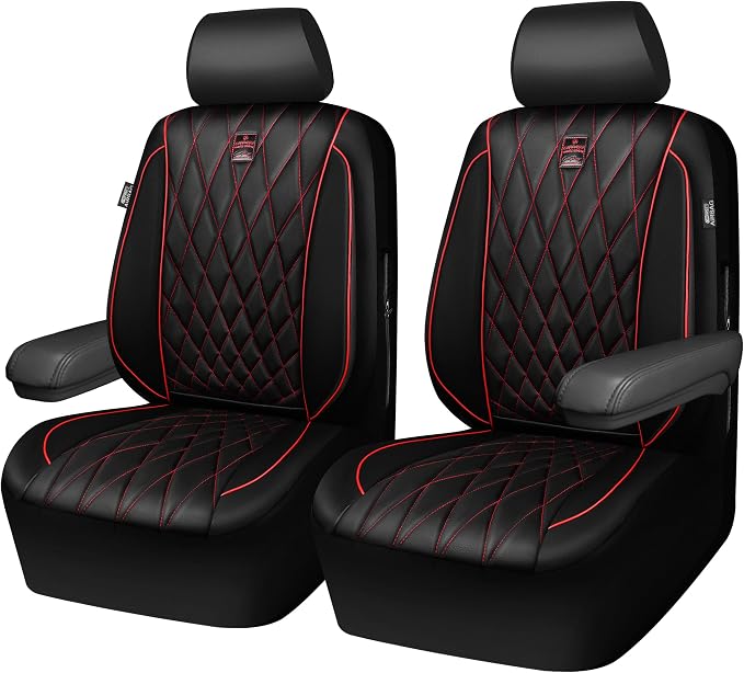CAR PASS Piping Luxury PU Leather Two Front Car Seat Covers, Waterproof Anti Slip Seat Covers Compatible with Front Seat Armrests,Universal Fit for Suvs,Vans,Trucks,Airbag Compatible(Black and Red)