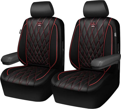 CAR PASS Piping Luxury PU Leather Two Front Car Seat Covers, Waterproof Anti Slip Seat Covers Compatible with Front Seat Armrests,Universal Fit for Suvs,Vans,Trucks,Airbag Compatible(Black and Red)