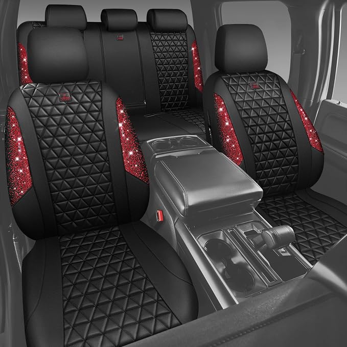 CAR PASS Bling Diamond Black Red Leather Car Seat Covers Full Set, Waterproof Shining Glitter Sparkly Crystal Universal Armrest Fit Automotive Truck SUV Women Girl, Rhinestone Interior Cover Set, Red