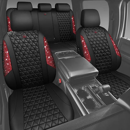 CAR PASS Bling Diamond Black Red Leather Car Seat Covers Full Set, Waterproof Shining Glitter Sparkly Crystal Universal Armrest Fit Automotive Truck SUV Women Girl, Rhinestone Interior Cover Set, Red
