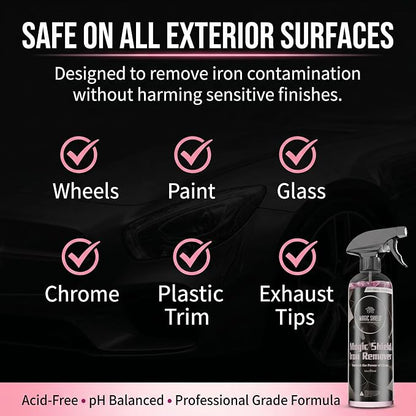 Magic Shield Iron Remover Spray for Cars 16oz - pH-Neutral Iron and Fallout Remover for Car, Motorcycle, RV & Boat | 5-Minute Reaction, Effective on Wheels & Paint | All-In-One Solution