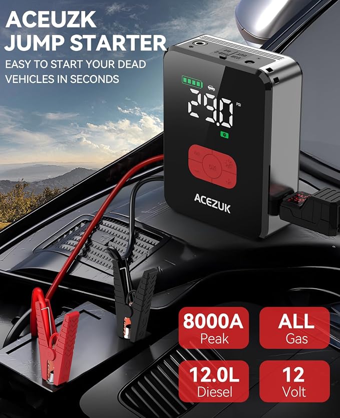 Jump Starter with Air Compressor, 8000A 150PSI Portable Car Jump Starter, 12V Jump Start Pack (All Gas/12L Diesel),Portable Car Jump Starter with Smart Jump Cables, LED Lights