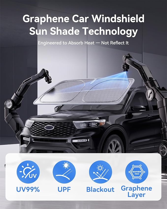 helloleiboo Windshield Sun Shade for Ford Explorer 2020-2026, Graphene Honeycomb Heat Shield with UV Protection, Foldable Custom Fit Front Window Sunshade for SUV, Silver 64" x 32"
