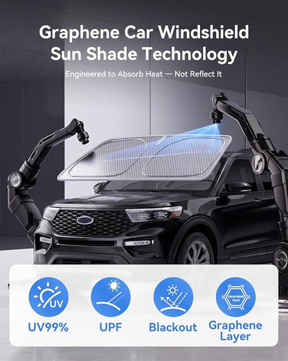 helloleiboo Windshield Sun Shade for Ford Explorer 2020-2026, Graphene Honeycomb Heat Shield with UV Protection, Foldable Custom Fit Front Window Sunshade for SUV, Silver 64" x 32"