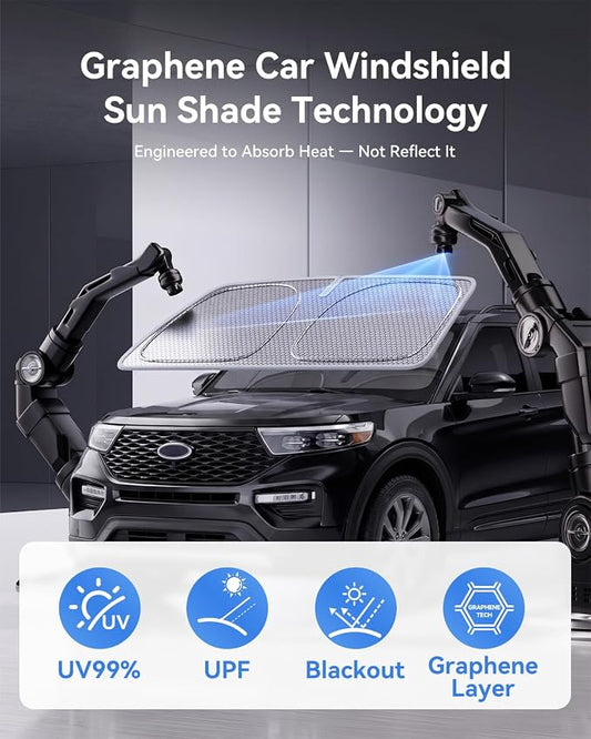 helloleiboo Windshield Sun Shade for Ford Explorer 2020-2026, Graphene Honeycomb Heat Shield with UV Protection, Foldable Custom Fit Front Window Sunshade for SUV, Silver 64" x 32"