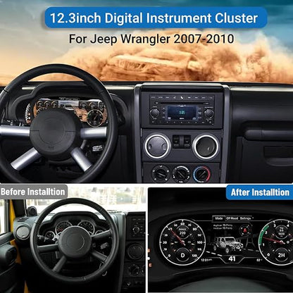 Digital Dash Instrument Cluster Display for Jeep Wrangler 2007-2010 Automotive Speedometers, 12.3 inch 2K IPS HD Resolution Plug&Play OTA Upgrade 2S Fast Boot Non-Destructive Installation