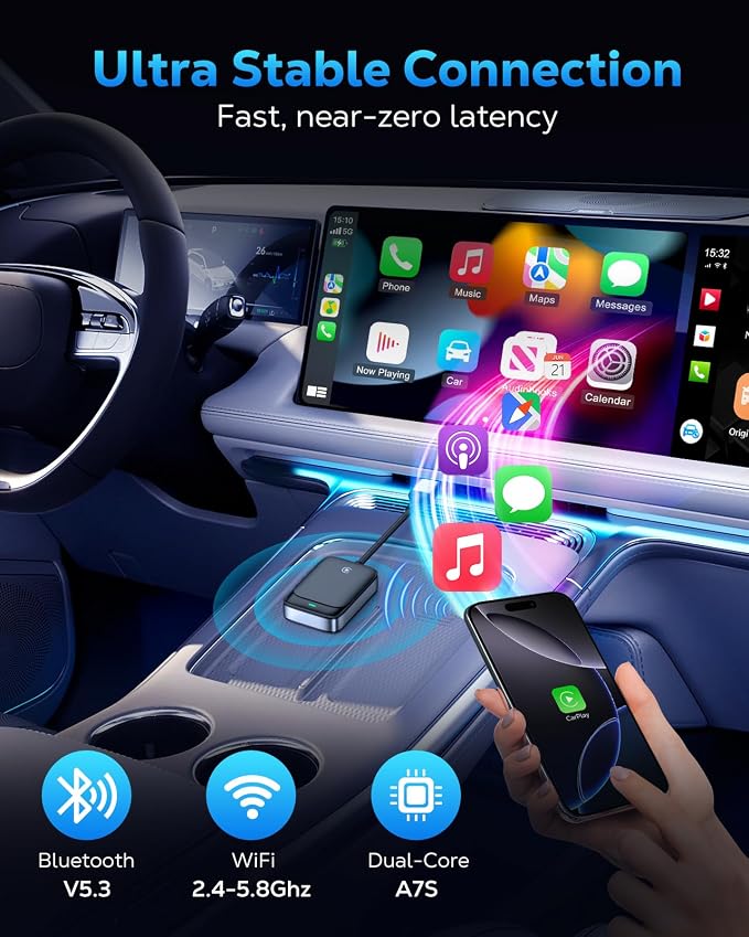 MoKo Wireless CarPlay Adapter for iPhone 2025, Only for iPhone iOS 10+ and Cars with Built-in Car Play, Converts Wired Car Play to Wireless Dongle,Plug and Play Fast Response Bluetooth CarPlay Adaptor