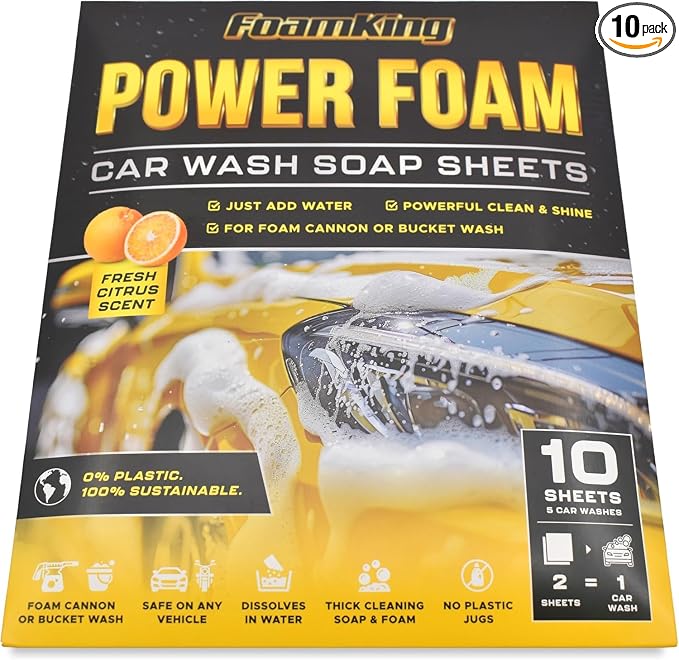 Foam King Car Wash Soap Sheets - 5 Car Washes, No Plastic Bottle, Concentrated Foam Wash Soap - For Foam Cannons, Foam Guns, Bucket Wash. Safe for Cars, Trucks, Motorbikes - 10 Sheets, Citrus Scent