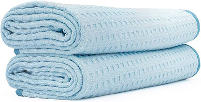 The Rag Company Dry Me A River, Professional Korean 70/30 Blend Microfiber Waffle-Weave Drying & Detailing Towels, Soft Suede Edges, 390 GSM, 20x40 Inches, Light Blue, 2-Pack