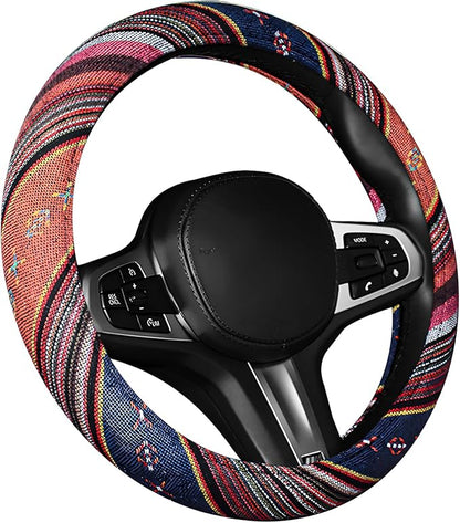 Boho Car Steering Wheel Cover, Ethnic Style Anti-Slip Coarse Flax Cloth Auto Wheel Cover, Bohemian Steering Wheel Protector for Most SUVs Vans Trucks, Car Accessories (Style C)