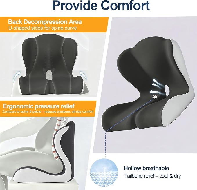 Seat Cushion for Office Chair and Car – L-Shaped Ergonomic Seat Cushions for Stability & Anti-Slip, Orthopedic Cushion for Sciatica, Back & Tailbone Pain Relief, Dark Gray & Light Gray