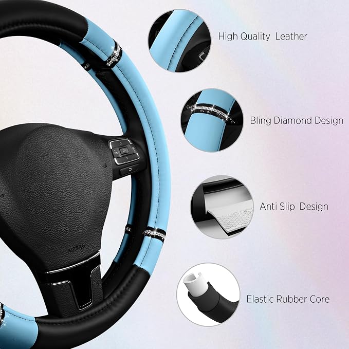 Road Comfort Leather Steering Wheel Cover – Premium Anti-Slip Car Steering Wheel Grip Cover – Universal Fit for 14.5”–15” Cars, Trucks & SUVs - Blue