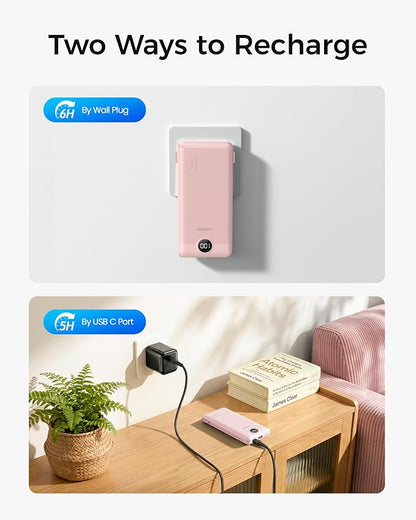 VEGER Portable Charger with Built-in AC Plug and Cables, All in One 10000mAh Ultra Slim Power Bank Travel Essentials, Fast Charging Battery Pack Compatible with iPhone, Samsung, Android, Crepe