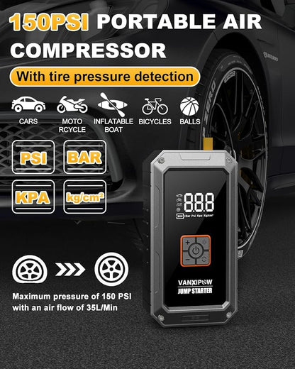 M1 Car Battery Jump Starter with Air Compressor 4500A 150PSI (9.0 L Gas/8.0L Diesel), Portable Car Jump Starter Power Pack, Battery Charger 12V Jump Box with LED Light, Large LED Display, Power Bank