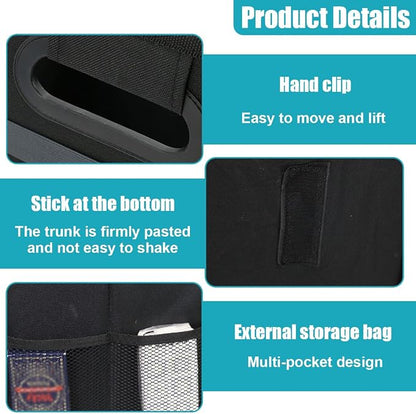 Car Trunk Organizer, Collapsible Multi-Compartment Auto Storage Box with 4 Pockets, Waterproof Oxford Fabric Car Trunk Container Accessories for Sedan SUV Truck (Black)