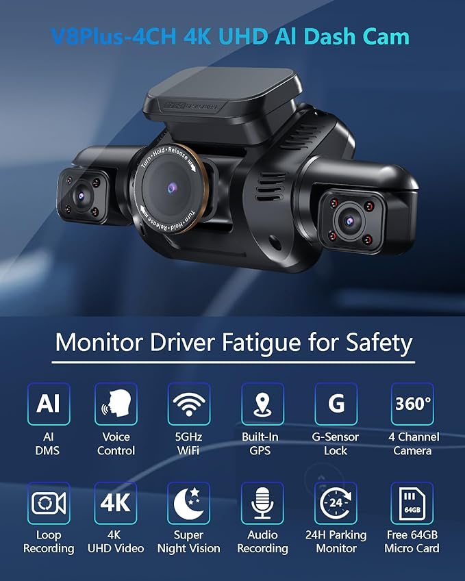 HUPEJOS AI Dash Cam Front Rear Inside with Driver Monitor System, 360° Car Camera 4K, 4 Channel Camera for Cars, WiFi GPS, Dashcam 64GB SD Card, Night Vision, 24H Parking Mode, Upgrade DMS V8Plus
