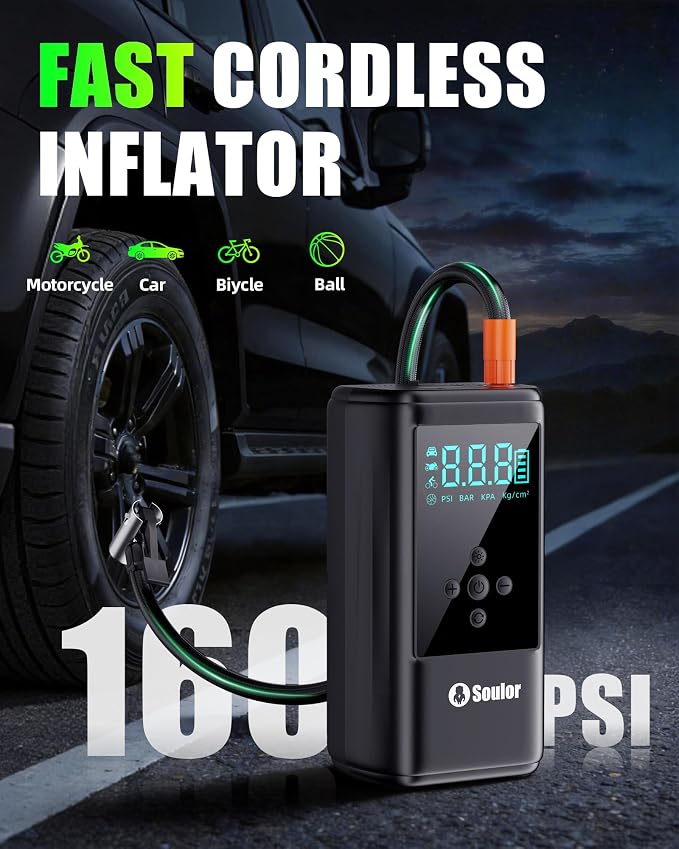 Jump Starter with Air Compressor, 6000A Car Battery Jumper Starter with 160 PSI Tire Inflator Portable, LED Display for 10L Diesel All Cars Engines, Jumper Cables and Light