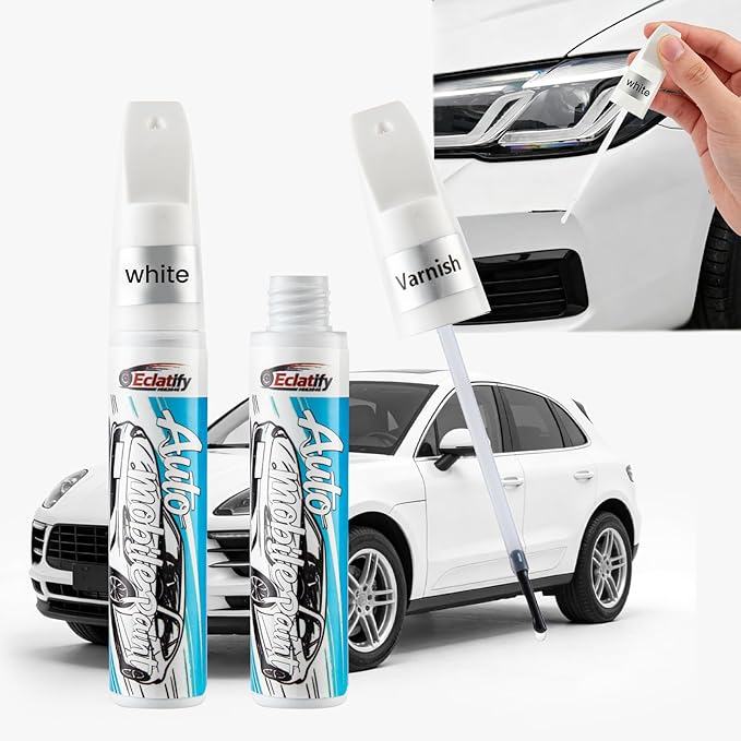 White Car Touch Up Paint Pen 2pcs with Clear Coat Pen, Long-Lasting Waterproof UV-Resistant Auto Scratch Repair Remover, Quick & Easy Fix for Car SUV Truck Motorcycle, Repair Chip Rim Scuff