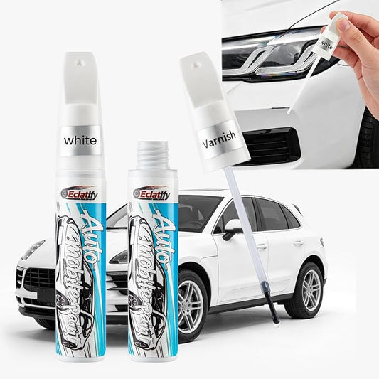 White Car Touch Up Paint Pen 2pcs with Clear Coat Pen, Long-Lasting Waterproof UV-Resistant Auto Scratch Repair Remover, Quick & Easy Fix for Car SUV Truck Motorcycle, Repair Chip Rim Scuff