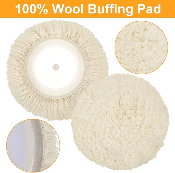 Tallew 6 Pcs 8 Inch Wool Polishing Pad Hook Loop Buffing Pad for Drill Curved Edge Compound Cutting Tool Drill Polisher Attachment Wheel Polish Kit Car Body Repair Buffing