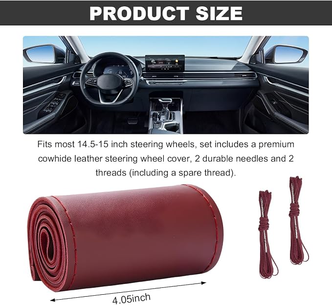 Wevdn Genuine Leather Steering Wheel Cover, Stitch on Wrap, DIY Sewing Steering Wheel Protector, 15 Inch Breathable Non-Slip Steering Wheel Protector, Car Accessories (Wine Red, Glossy)